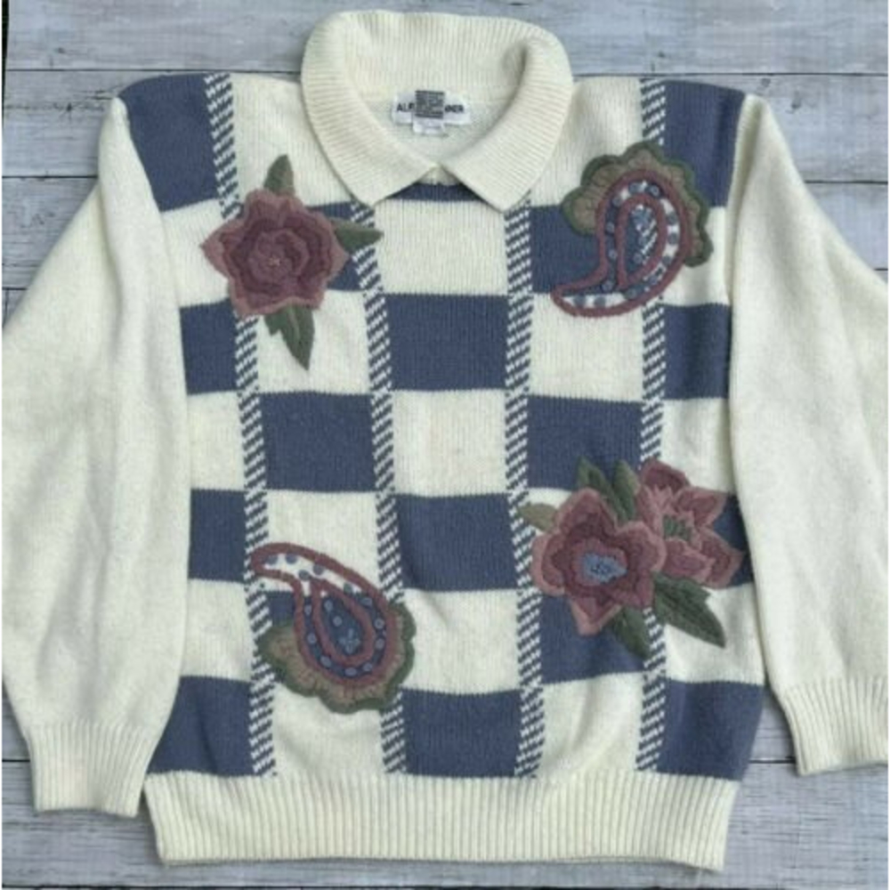 Vintage Alfred Dunner Floral Sweater Cottage-core Collar Shoulder Pad L